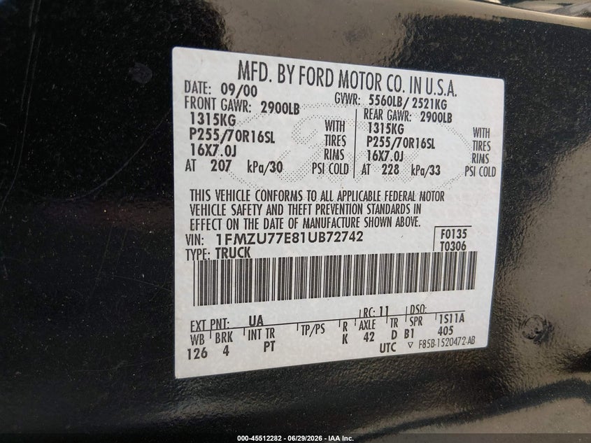 2001 Ford Explorer Sport Trac VIN: 1FMZU77E81UB72742 Lot: 45512282