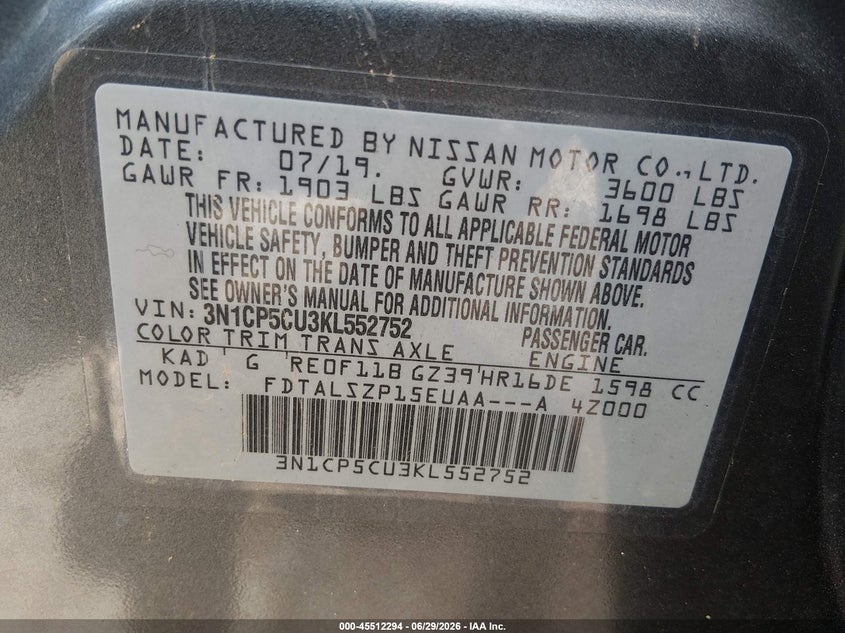 2019 Nissan Kicks Sv VIN: 3N1CP5CU3KL552752 Lot: 45512294