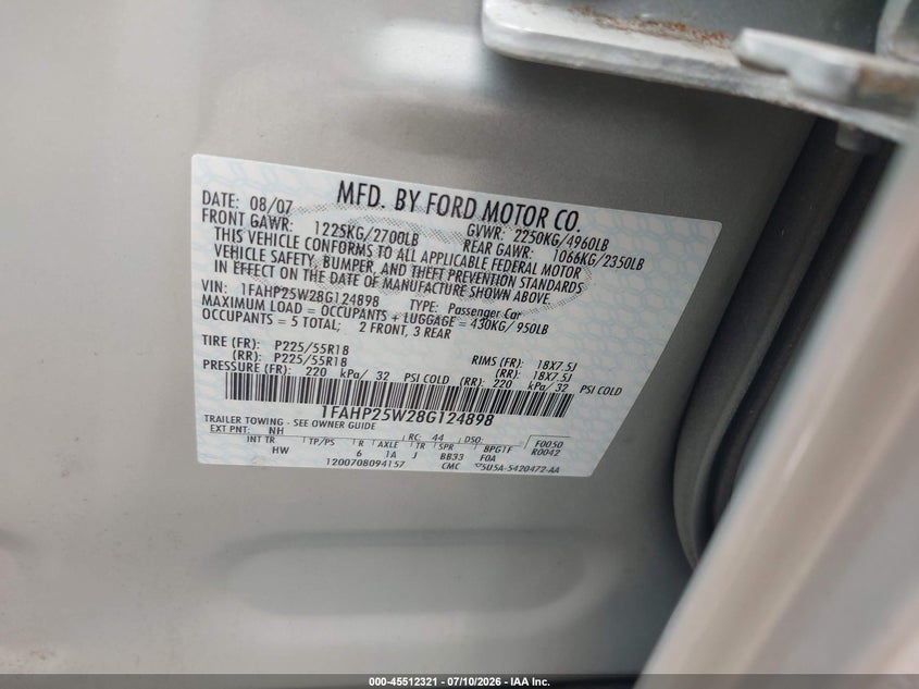 FORD TAURUS 2008 VIN 1FAHP25W28G124898