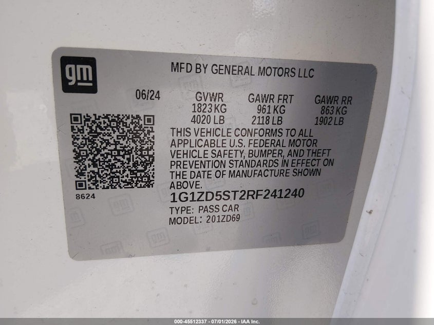 CHEVROLET MALIBU 2024 VIN 1G1ZD5ST2RF241240