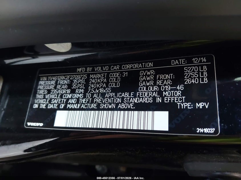 2015 Volvo Xc60 T5/T5 Premier VIN: YV4612RK2F2709725 Lot: 45512356