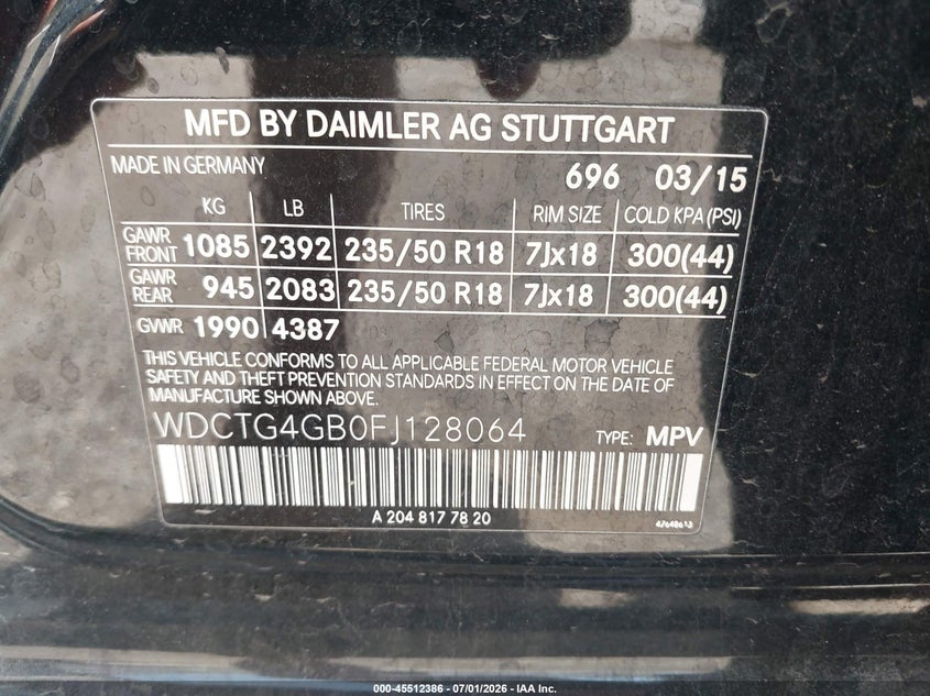 2015 Mercedes-Benz Gla 250 4Matic VIN: WDCTG4GB0FJ128064 Lot: 45512386