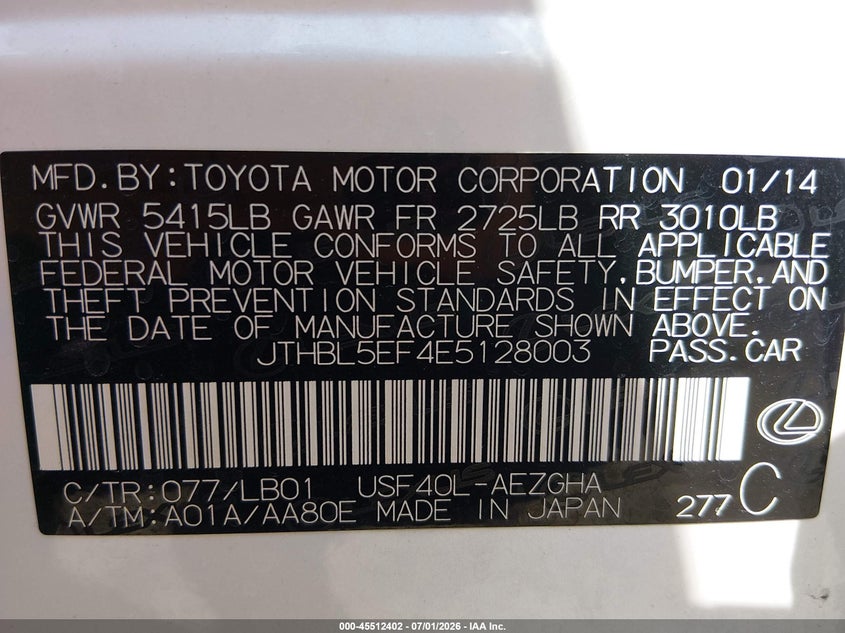 2014 Lexus Ls 460 VIN: JTHBL5EF4E5128003 Lot: 45512402