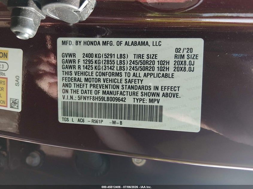 2020 Honda Passport Awd Ex-L VIN: 5FNYF8H59LB009642 Lot: 45512406