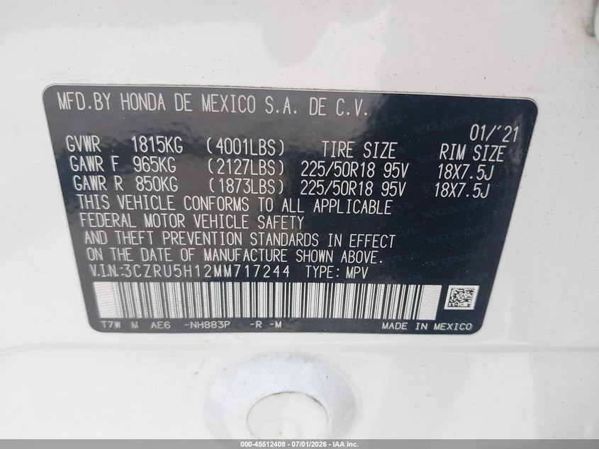 HONDA HR-V 2021 VIN 3CZRU5H12MM717244