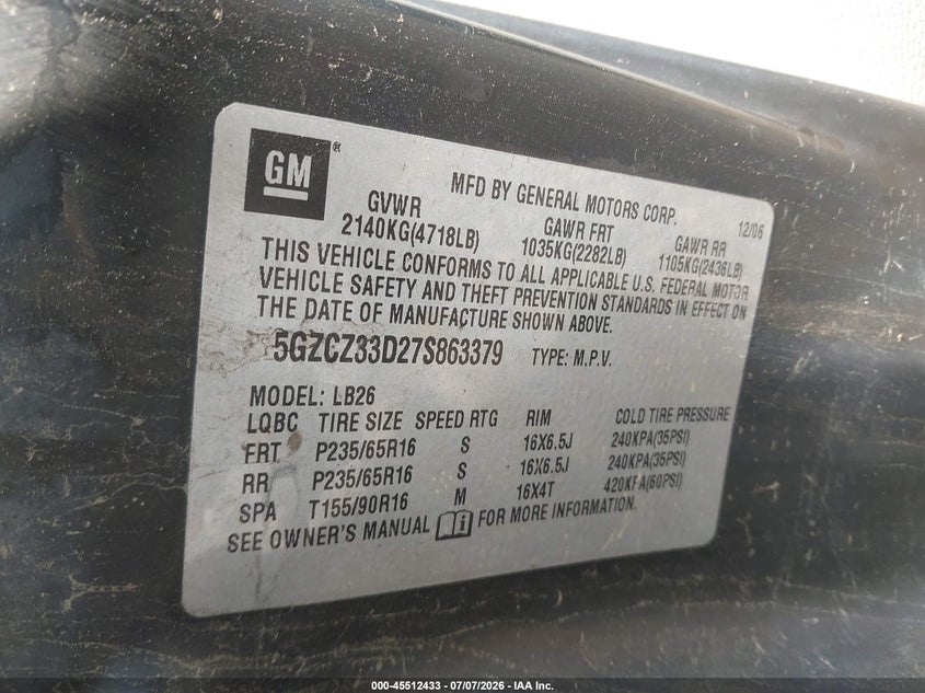 2007 Saturn Vue 4 Cyl VIN: 5GZCZ33D27S863379 Lot: 45512433