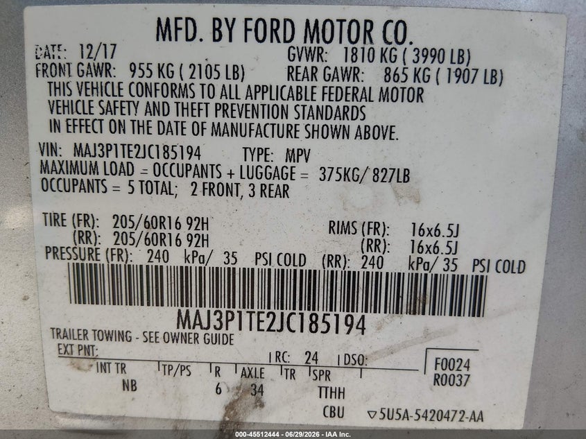 2018 Ford Ecosport Se VIN: MAJ3P1TE2JC185194 Lot: 45512444