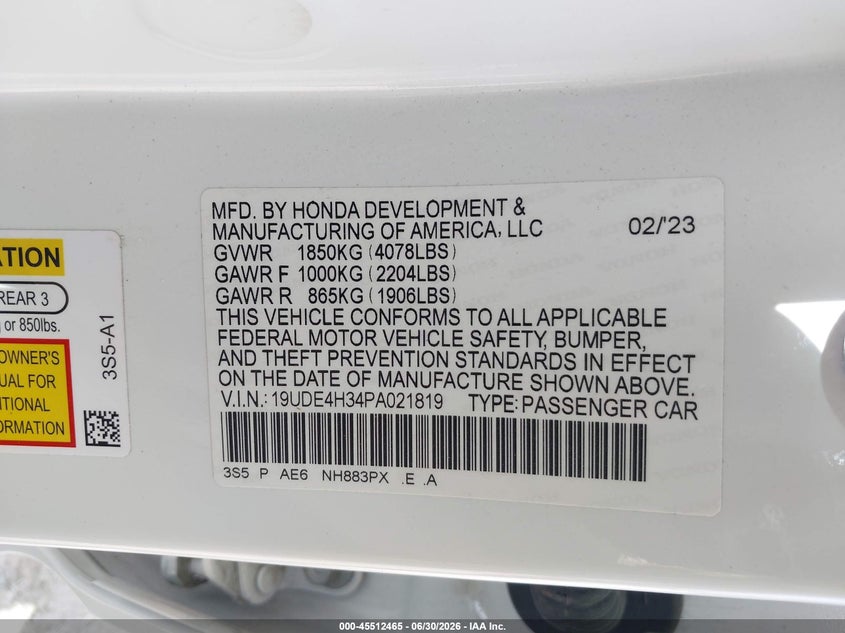 2023 Acura Integra A-Spec VIN: 19UDE4H34PA021819 Lot: 45512465