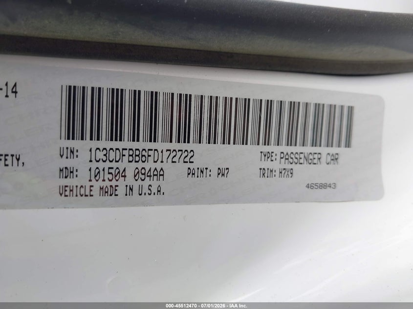 2015 Dodge Dart Sxt VIN: 1C3CDFBB6FD172722 Lot: 45512470