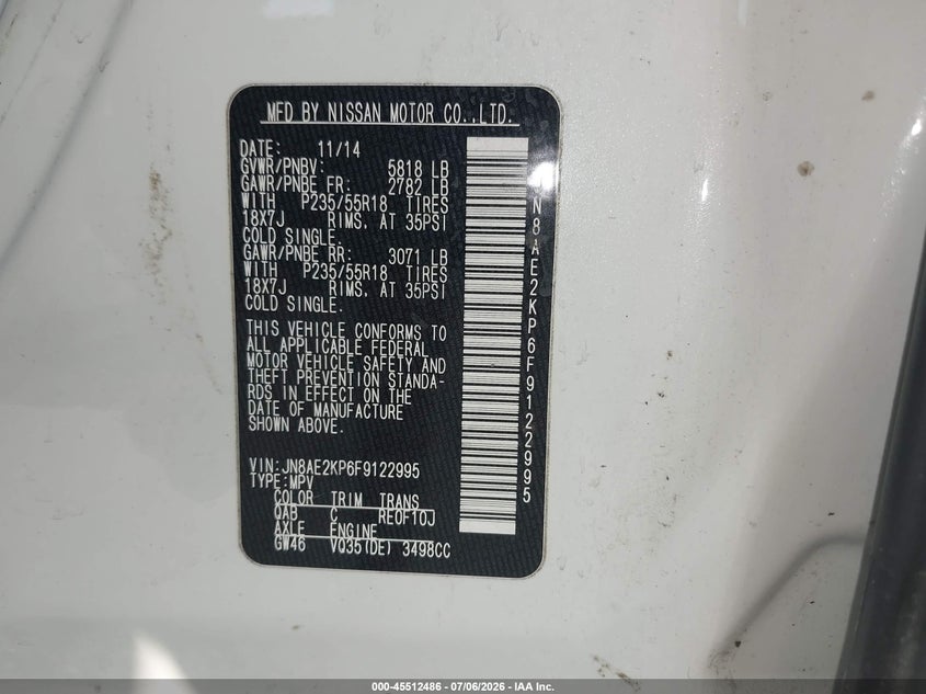 2015 Nissan Quest Sl VIN: JN8AE2KP6F9122995 Lot: 45512486