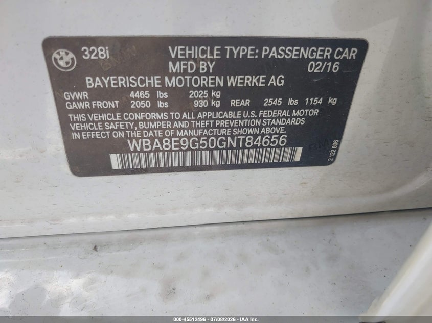 BMW 328I 2016 VIN WBA8E9G50GNT84656