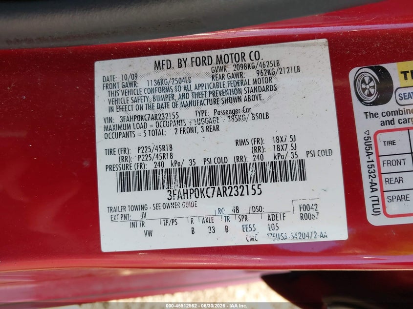 2010 FORD FUSION SEDAN 3.5L V-6 DOHC, VVT, 263HP