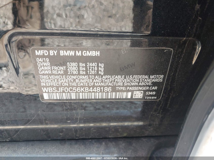 2019 BMW M5 VIN: WBSJF0C56KB448186 Lot: 45512587