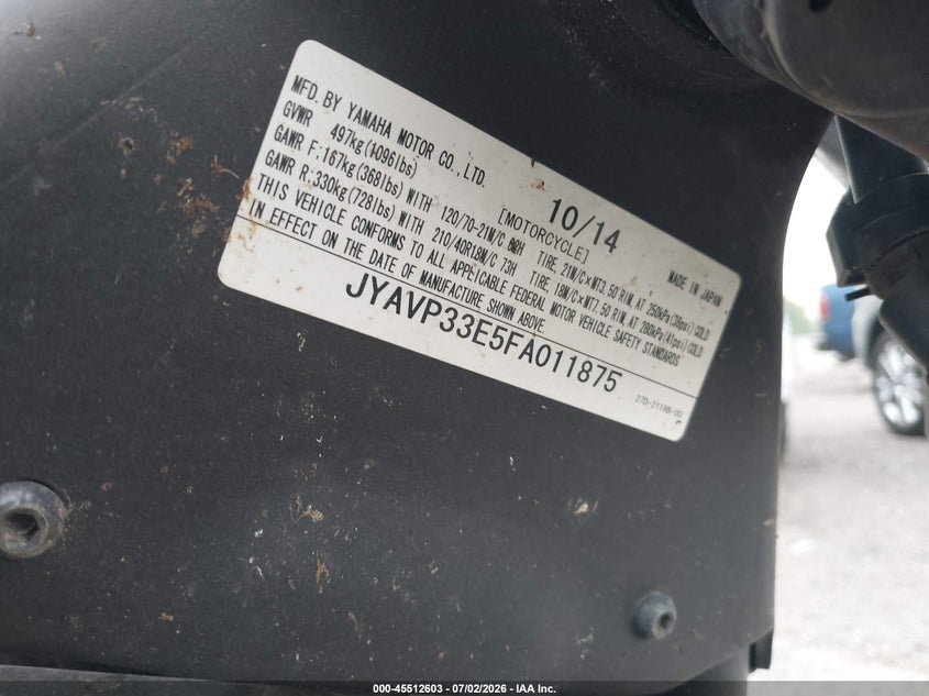 2015 Yamaha Xvs1300 Cu VIN: JYAVP33E5FA011875 Lot: 45512603