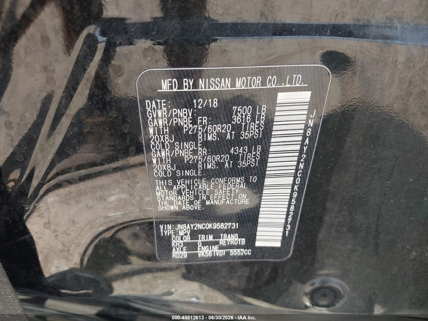2019 Nissan Armada Sl VIN: JN8AY2NC0K9582731 Lot: 45512613