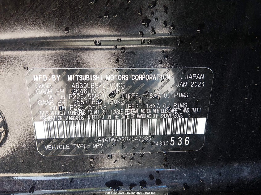 2024 Mitsubishi Eclipse Cross Se S-Awc/Sel S-Awc VIN: JA4ATWAA2RZ047085 Lot: 45512621