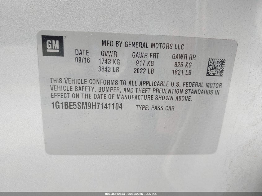 CHEVROLET CRUZE 2017 VIN 1G1BE5SM9H7141104