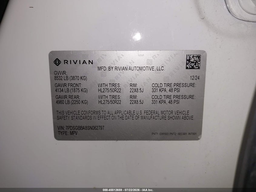 RIVIAN R1S 2025 VIN 7PDSGBBA8SN062797