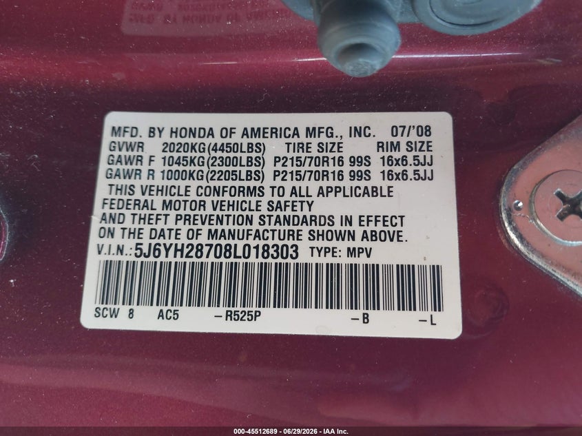 2008 Honda Element Ex VIN: 5J6YH28708L018303 Lot: 45512689