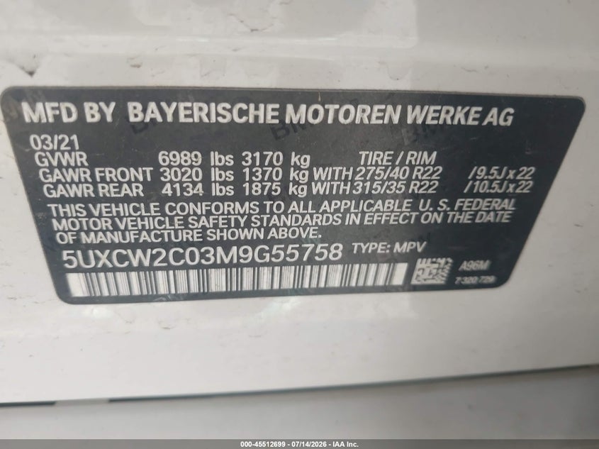 2021 BMW X7 xDrive40I VIN: 5UXCW2C03M9G55758 Lot: 45512699