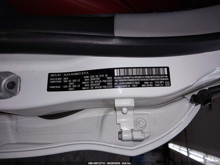 2019 Alfa Romeo Stelvio Rwd VIN: ZASPAJAN3K7C70823 Lot: 45512710
