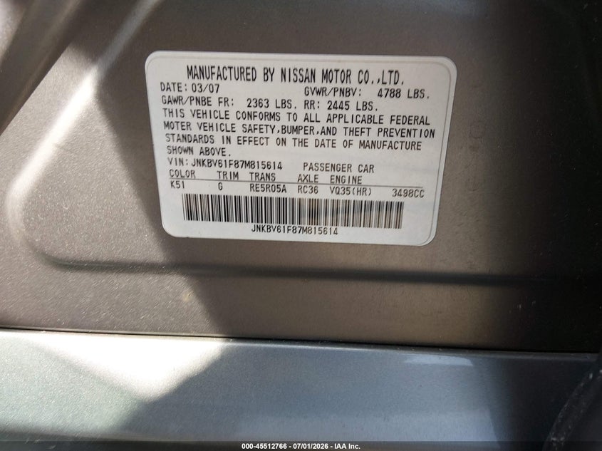 2007 Infiniti G35X VIN: JNKBV61F87M815614 Lot: 45512766