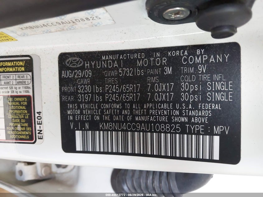 2010 Hyundai Veracruz Gls VIN: KM8NU4CC9AU108825 Lot: 45512772