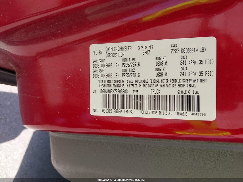 2007 Dodge Dakota Slt VIN: 1D7HW48PX7S203203 Lot: 45512784