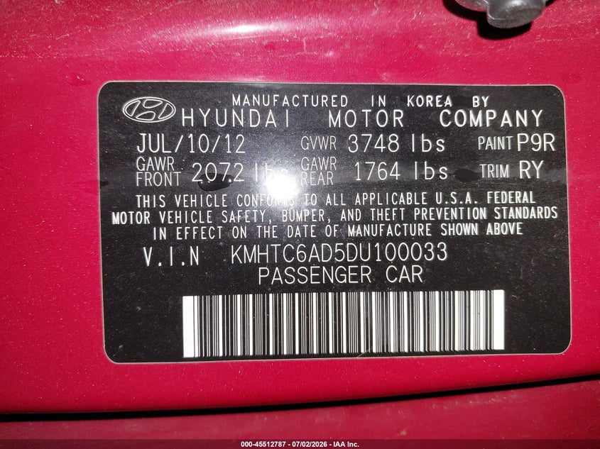 2013 Hyundai Veloster Base W/Black VIN: KMHTC6AD5DU100033 Lot: 45512787