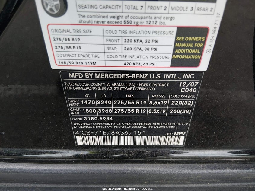 2008 Mercedes-Benz Gl-Class 4.6L VIN: 4JGBF71E78A367151 Lot: 45512804