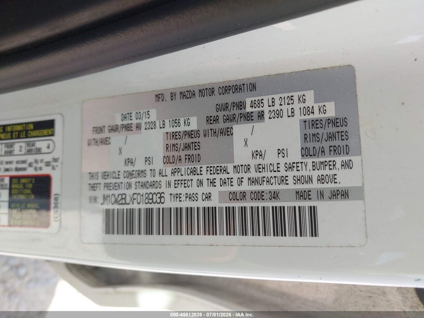 2015 Mazda Mazda5 Sport VIN: JM1CW2BLXF0189036 Lot: 45512828