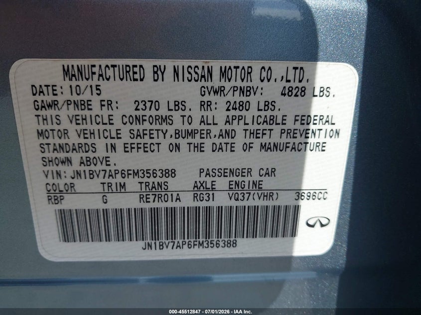 2015 Infiniti Q50 VIN: JN1BV7AP6FM356388 Lot: 45512847