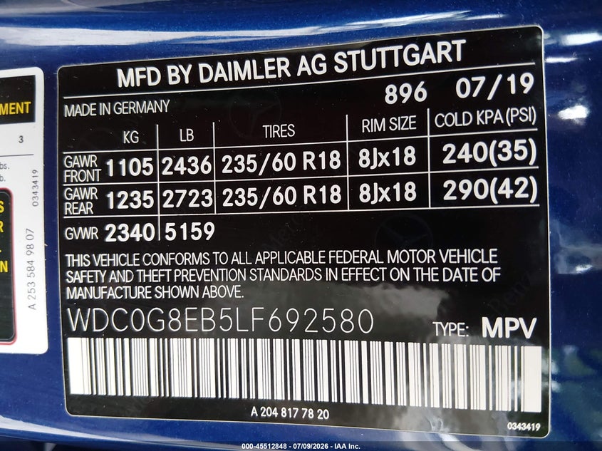 2020 Mercedes-Benz Glc 300 4Matic VIN: WDC0G8EB5LF692580 Lot: 45512848