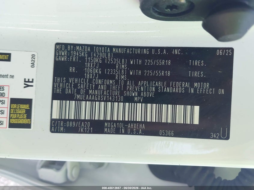 2025 Toyota Corolla Cross Xle VIN: 7MUEAAAGXSV143130 Lot: 45512857