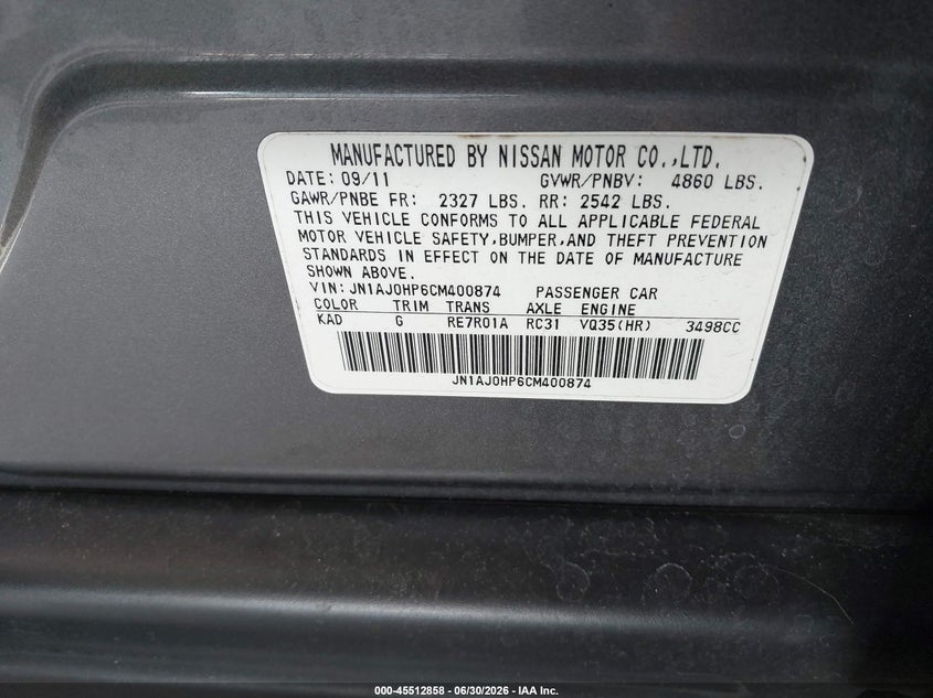2012 Infiniti Ex35 Journey VIN: JN1AJ0HP6CM400874 Lot: 45512858