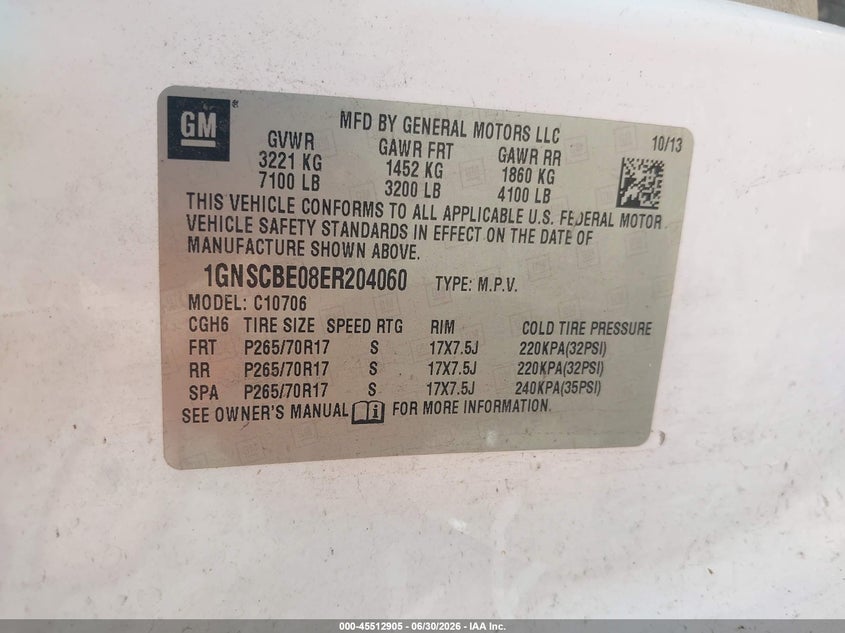 CHEVROLET TAHOE 2014 VIN 1GNSCBE08ER204060