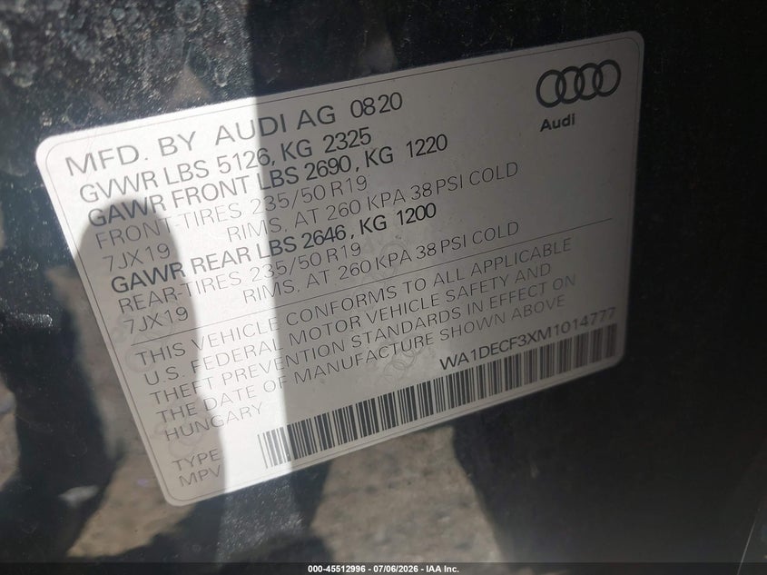 2021 Audi Q3 Premium 45 Tfsi S Line Quattro Tiptronic VIN: WA1DECF3XM1014777 Lot: 45512996
