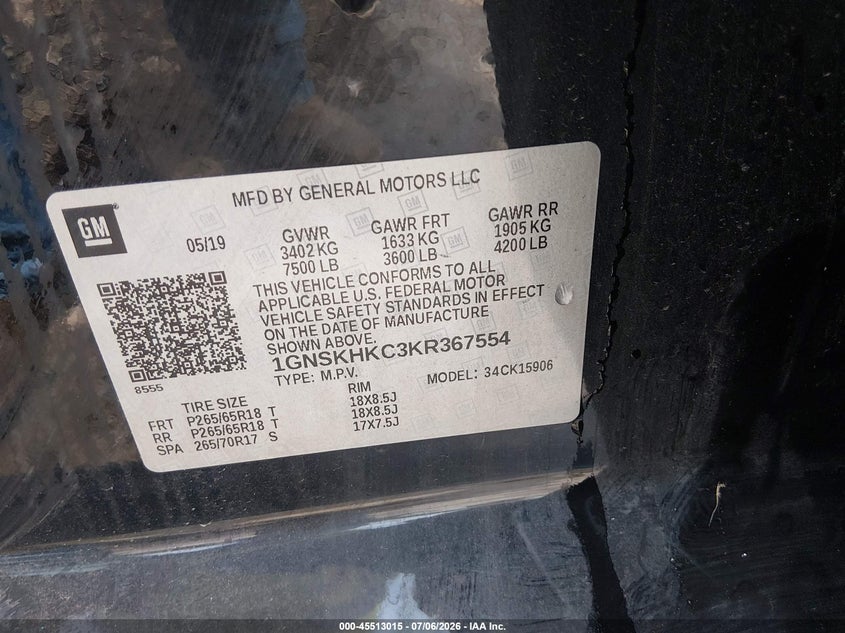 CHEVROLET SUBURBAN 2019 VIN 1GNSKHKC3KR367554