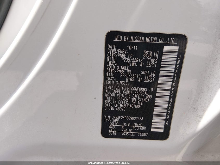 2012 Nissan Quest Le VIN: JN8AE2KP8C9032338 Lot: 45513021