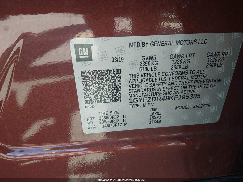 2019 Cadillac Xt4 Premium Luxury VIN: 1GYFZDR48KF195305 Lot: 45513121