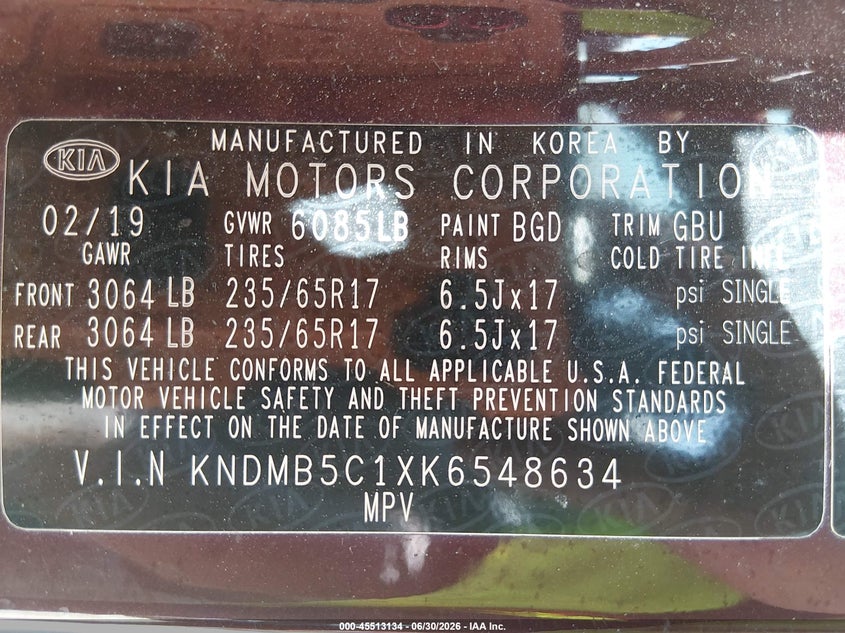 2019 Kia Sedona Lx VIN: KNDMB5C1XK6548634 Lot: 45513134
