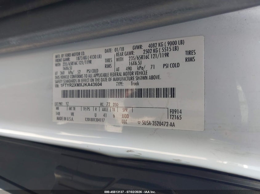 2018 FORD TRANSIT VAN 3.7L V-6 DOHC, VVT, 275HP