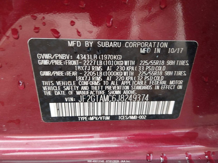 2018 SUBARU XV SPORT UTILITY VEHICLE 2.0L H-4 DI, DOHC, VVT, 152HP