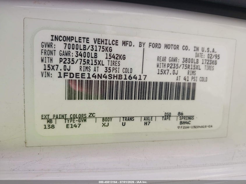1995 Ford Econoline E150 Van VIN: 1FDEE14N4SHB16417 Lot: 45513164