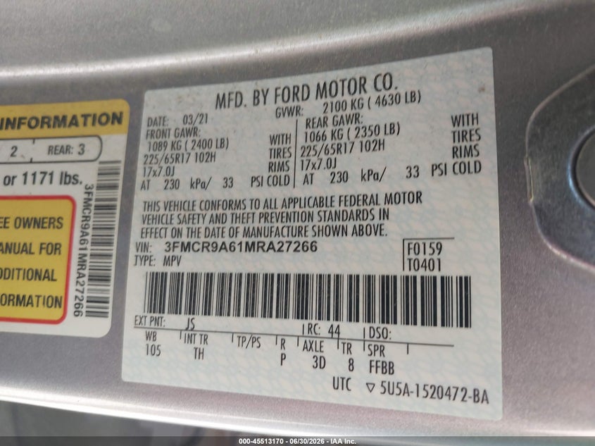 2021 Ford Bronco Sport VIN: 3FMCR9A61MRA27266 Lot: 45513170