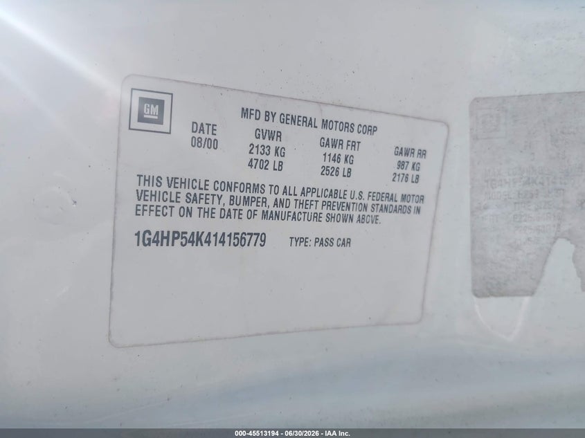 2001 Buick Lesabre Custom VIN: 1G4HP54K414156779 Lot: 45513194