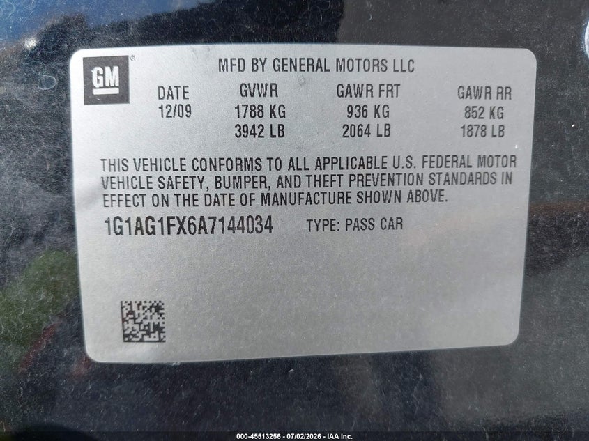 2010 Chevrolet Cobalt Ss VIN: 1G1AG1FX6A7144034 Lot: 45513256