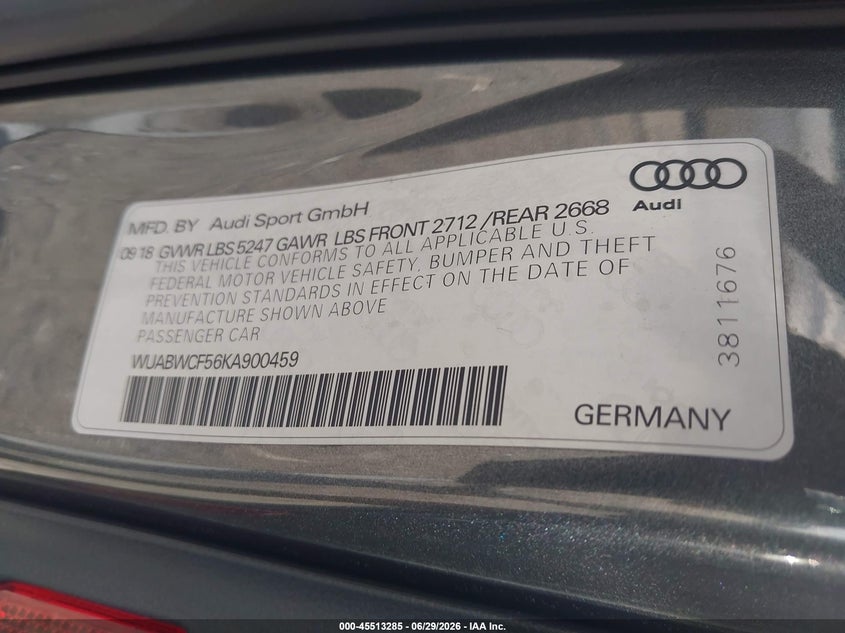 2019 Audi Rs 5 2.9T VIN: WUABWCF56KA900459 Lot: 45513285