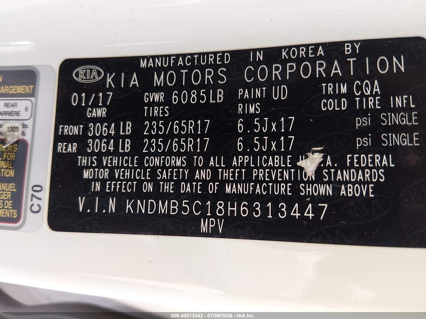 2017 Kia Sedona Lx VIN: KNDMB5C18H6313447 Lot: 45513342
