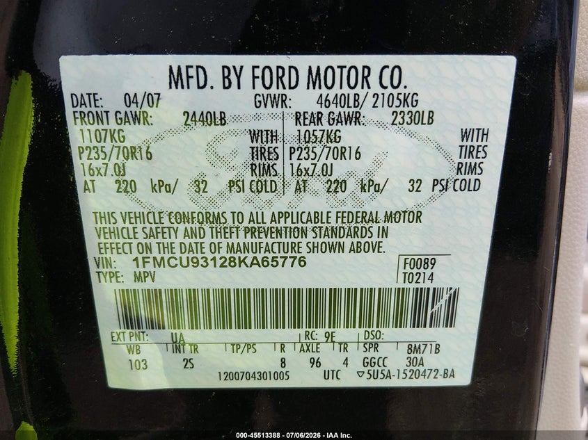 FORD ESCAPE 2008 VIN 1FMCU93128KA65776